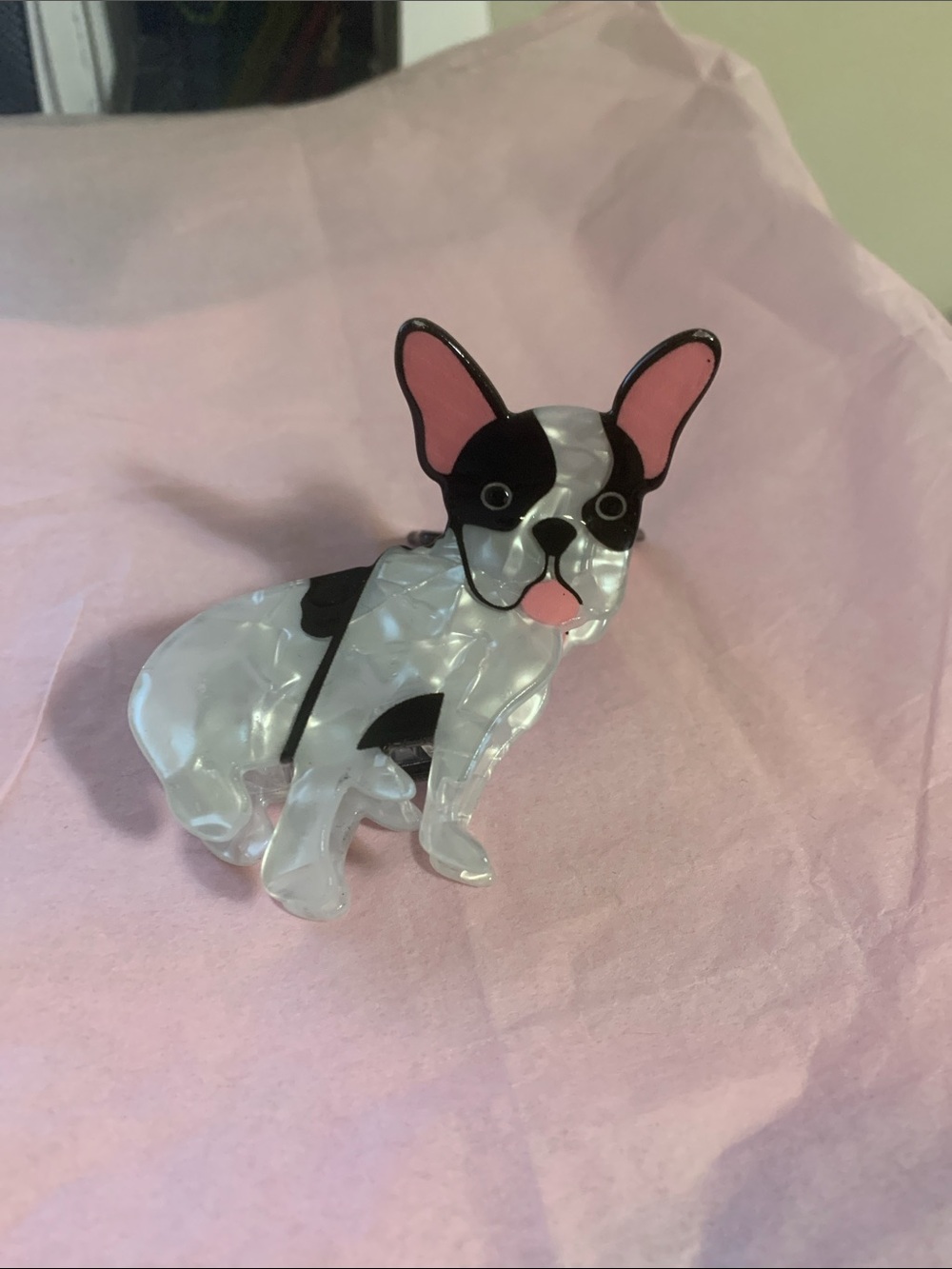Acrylic French Bulldog Hair Clip -Black, White & Pink